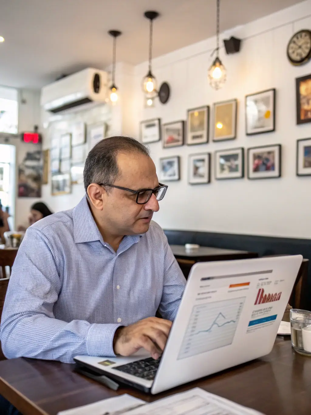 A business coach in a relaxed setting, guiding a retail owner through sales data on a tablet, emphasizing growth strategies.