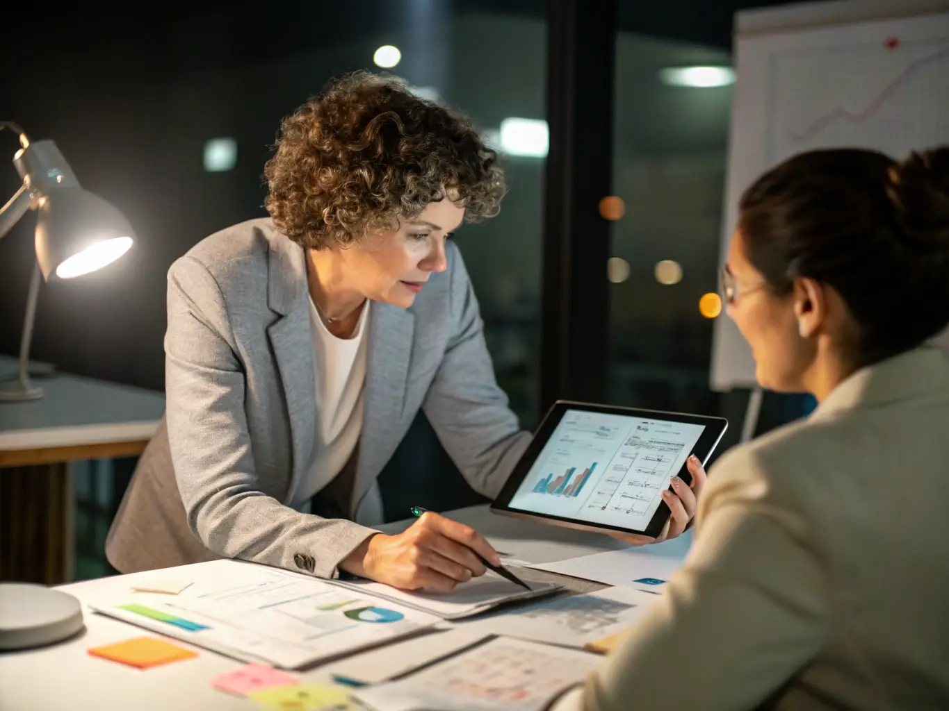 A business coach in a modern office setting, reviewing sales data and discussing growth strategies with a retail business owner, focusing on data-driven decision-making.