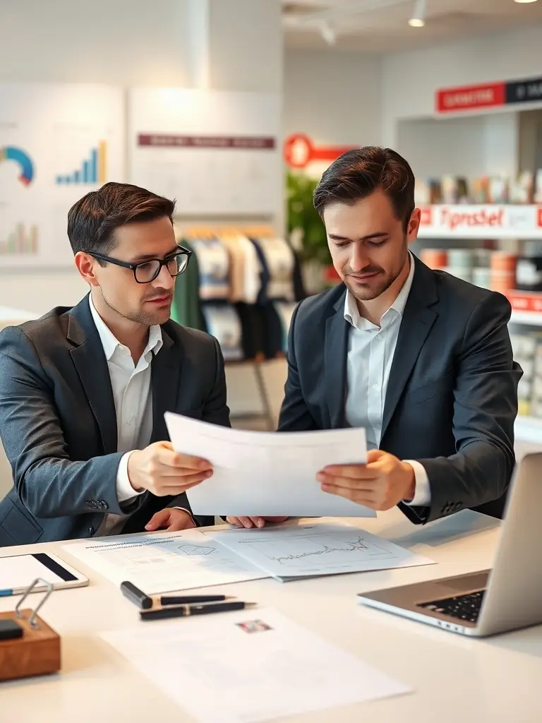 A business coach reviewing marketing materials with a client, focusing on brand messaging and customer engagement.