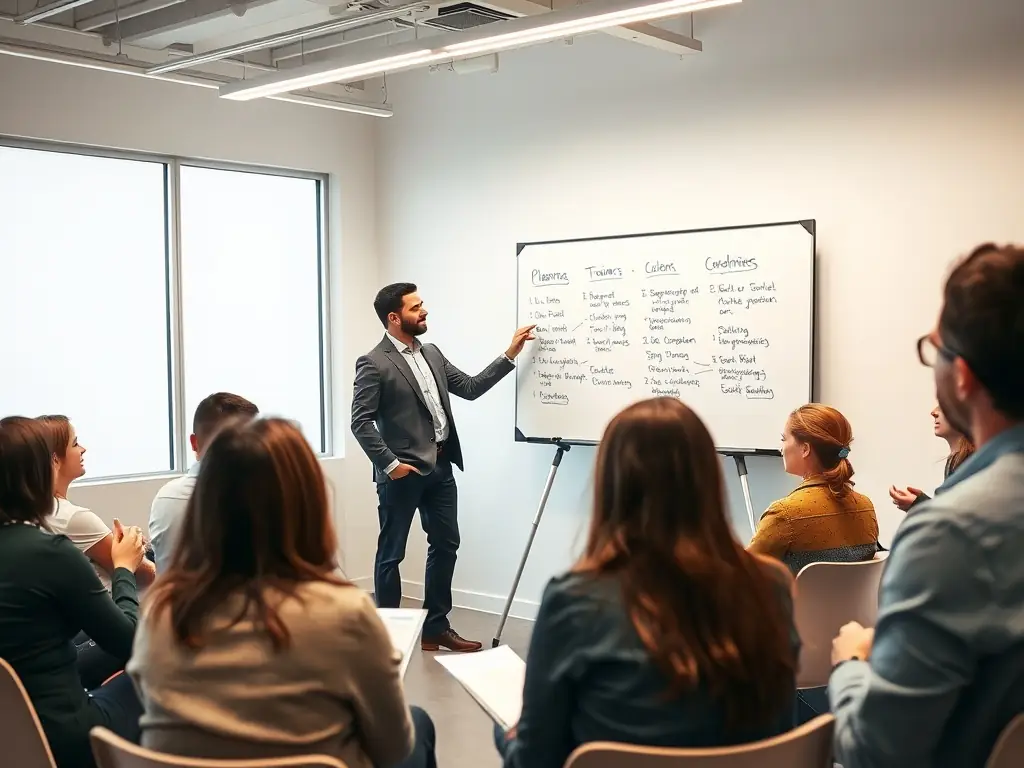 A business coach leading a workshop on operational efficiency, demonstrating techniques to streamline processes and reduce costs in a retail environment.